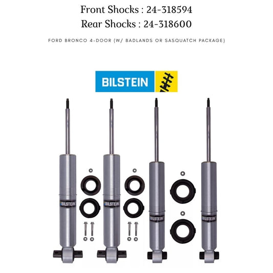 Bilstein B8 6100 Series (Front+Rear) ride height adjustable offroad shock absobers - Ford Bronco 4-door (w/ Badlands or Sasquatch Package) 2021-2025
