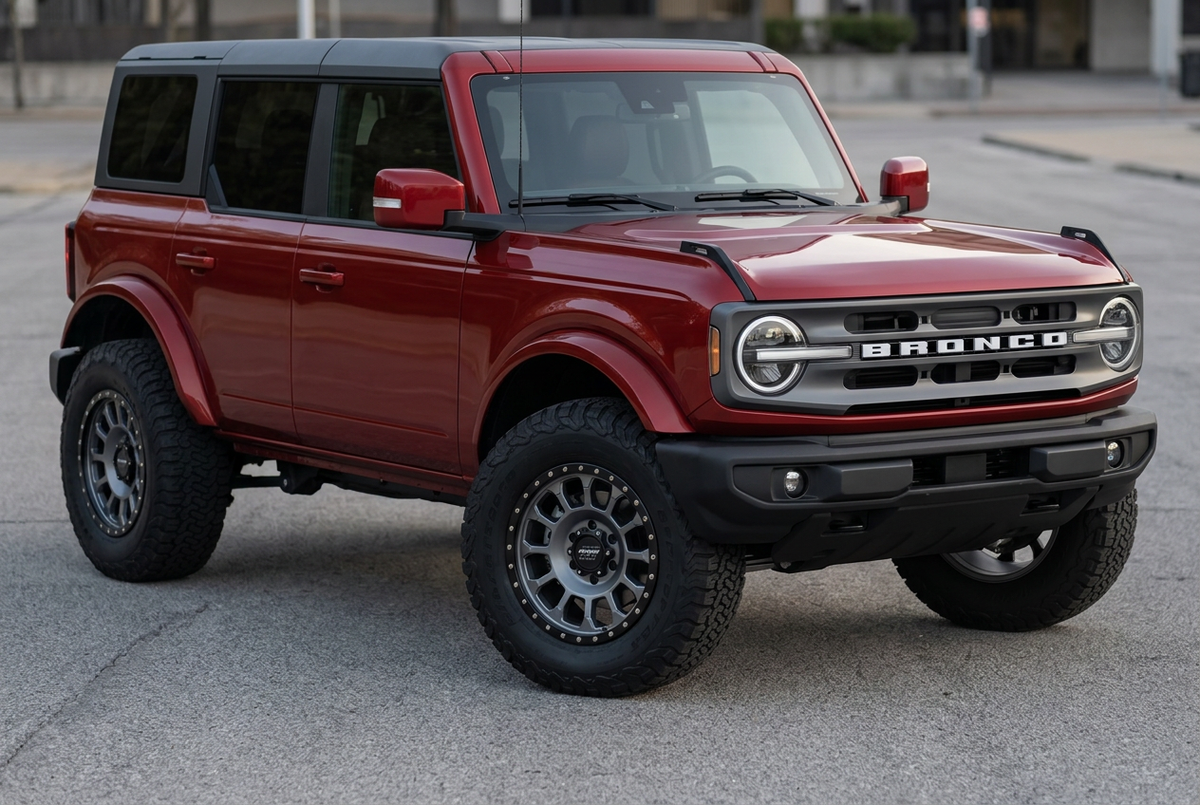 AI styling visualization of graphite Pro Comp Rockwell wheels on Ford Bronco, not verified fitment