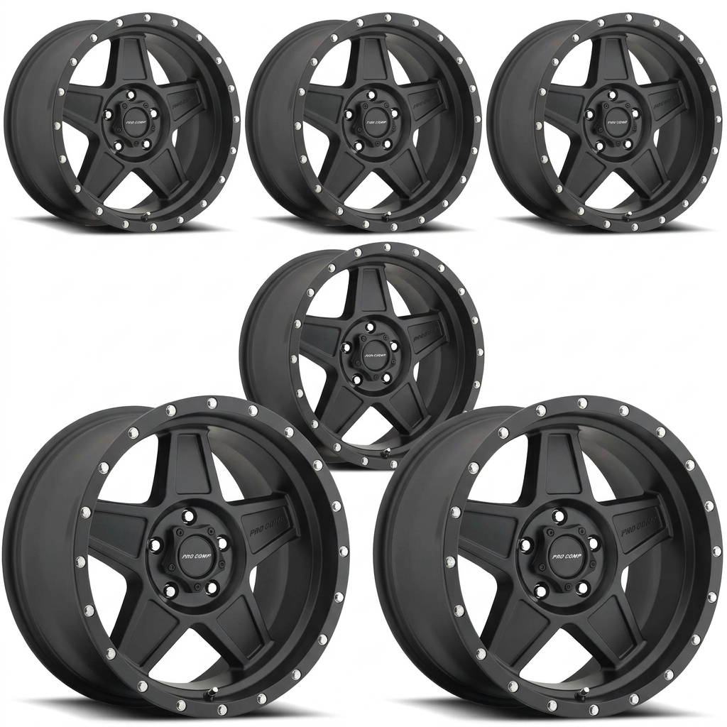 Set of five satin-black Pro Comp Series 5035 Predator wheels