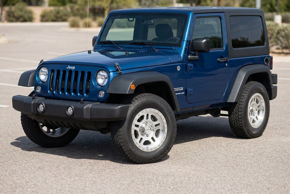 AI styling visualization of polished Pro Comp La Paz wheels on Jeep Wrangler JK Sport with revised 16-inch rim proportions, not verified fitment