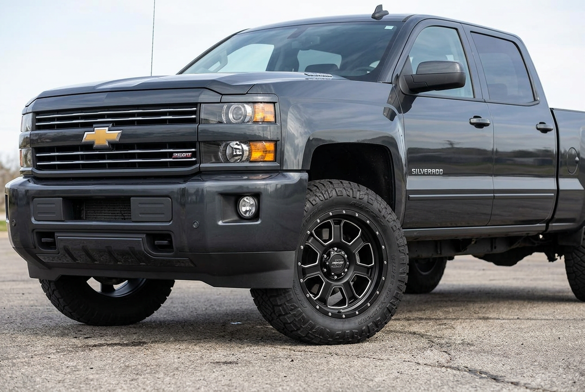 AI styling visualization of Pro Comp Sledge wheels on Chevrolet Silverado 2500 HD, not verified fitment
