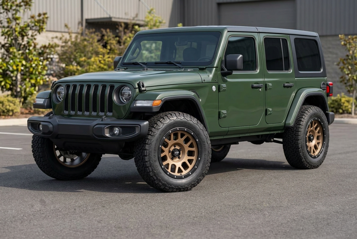 AI styling visualization of matte bronze Pro Comp Vertigo wheels on Jeep Wrangler JL, not verified fitment