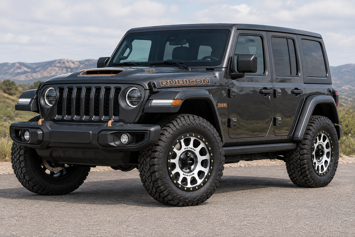 AI styling visualization of machined Method NV wheels on Jeep Wrangler Rubicon 392, not verified fitment