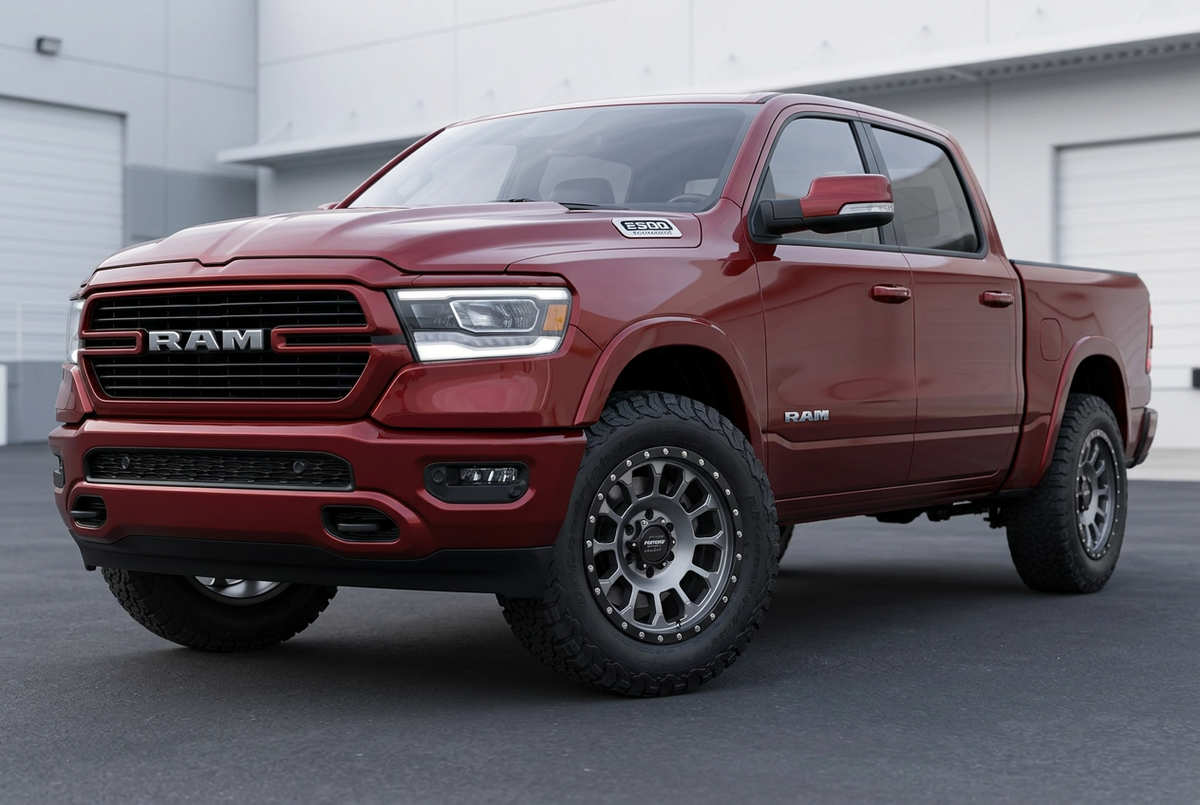 AI styling visualization of graphite Pro Comp Rockwell wheels on 2021 Ram 1500 DT, not verified fitment