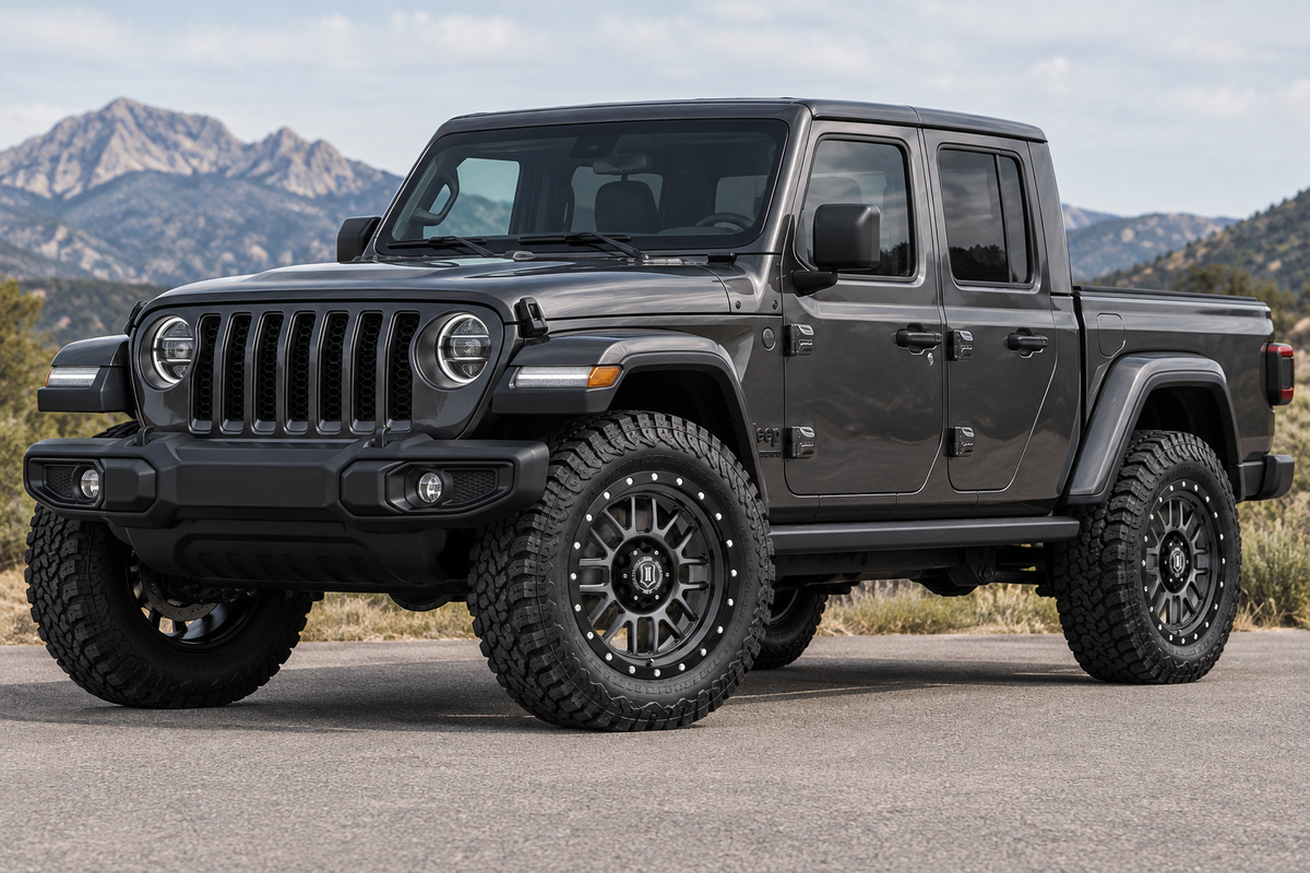 AI styling visualization of Icon Alpha wheels on a Jeep Gladiator JT, not verified fitment