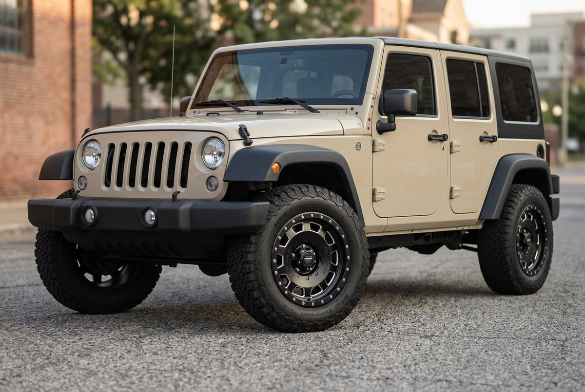 AI styling visualization of Pro Comp Hammer Series 60 wheels on Jeep Wrangler JK, not verified fitment