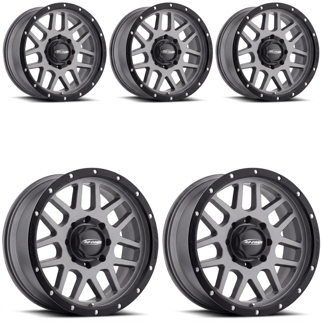 Set of five dark gray Pro Comp Series 40 wheels with black lips