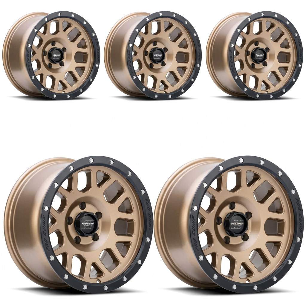 Set of five matte bronze Pro Comp Vertigo wheels with black lips