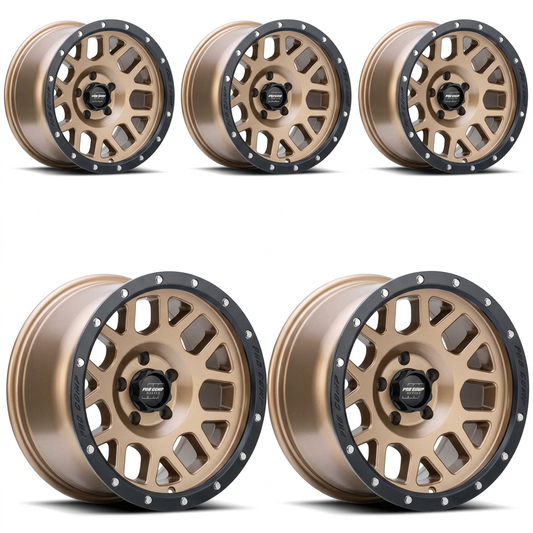 Set of five matte bronze Pro Comp Vertigo wheels with black lips