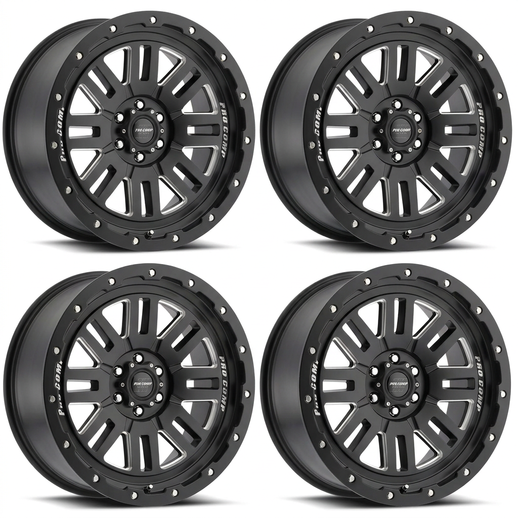 Set of four six-lug satin black milled Pro Comp Cognito wheels