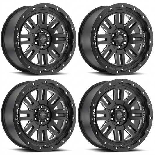 Set of four six-lug satin black milled Pro Comp Cognito wheels