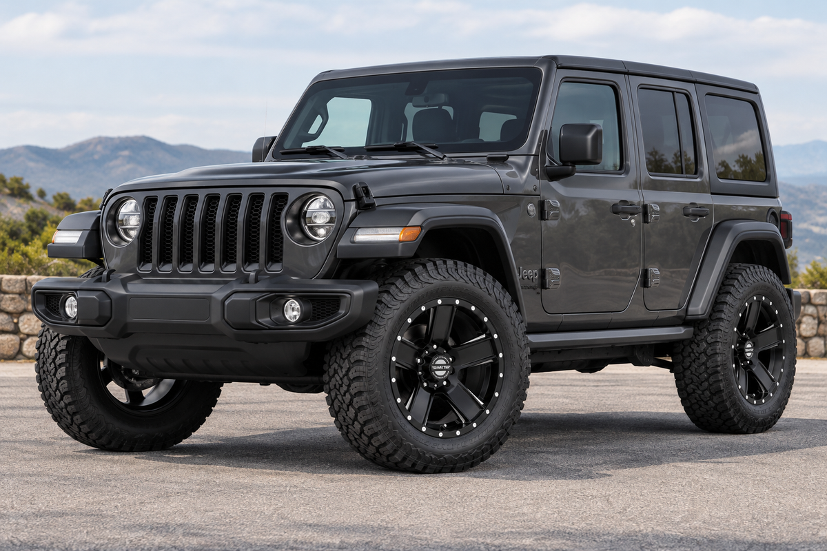 AI visualization of Mickey Thompson SD-5 wheels on a Jeep Wrangler JL, not verified fitment