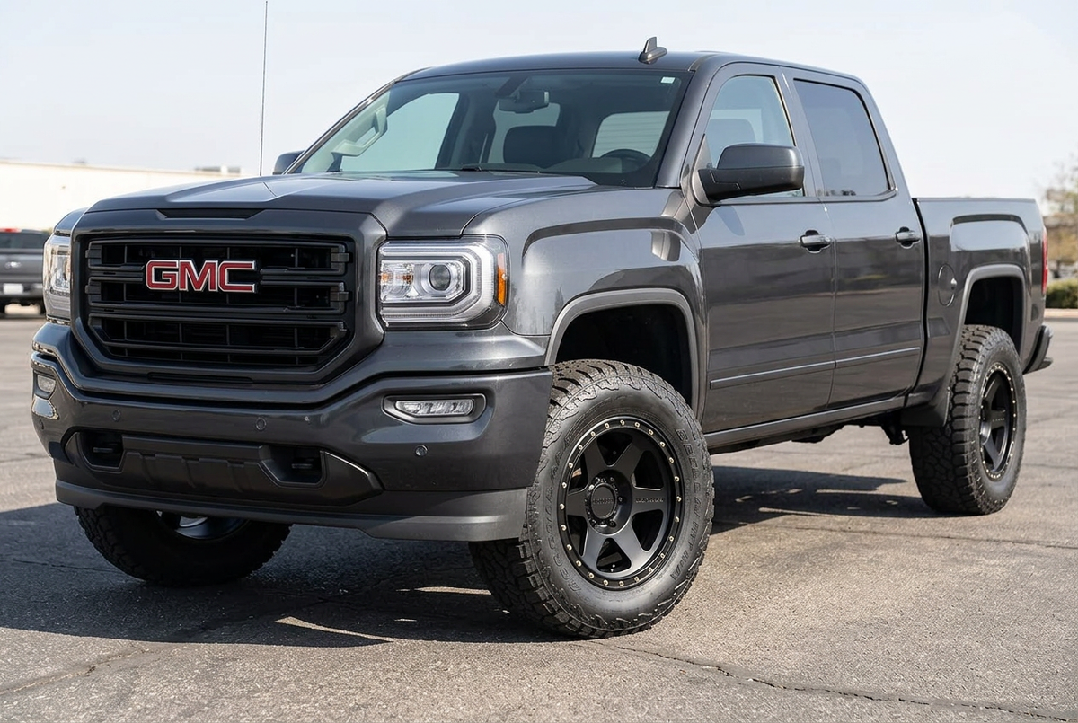 AI styling visualization of matte-black Method MR310 wheels on a 2017 GMC Sierra 1500, not verified fitment