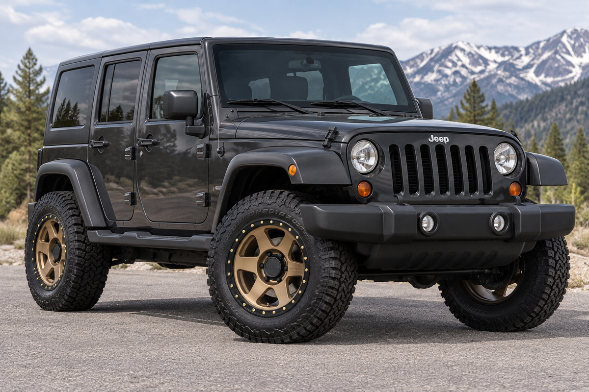 AI styling visualization of bronze Method MR310 wheels on a Jeep Wrangler JK, not verified fitment