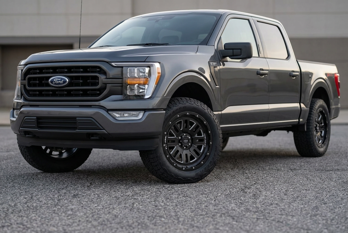 AI styling visualization of 18-inch Pro Comp Cognito wheels on Ford F-150 XLT, not verified fitment