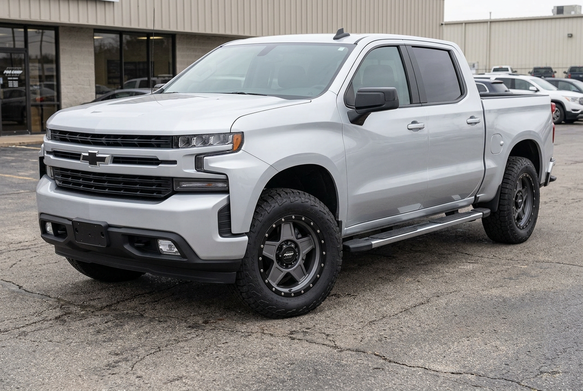AI styling visualization of two-tone Pro Comp Predator wheels on Chevrolet Silverado 1500, not verified fitment