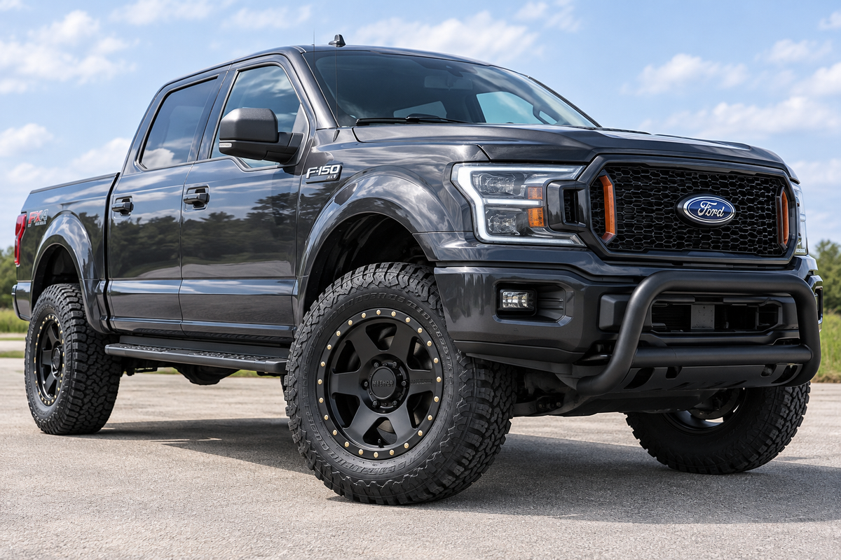 AI styling visualization of six-spoke matte-black Method MR310 wheels on a Ford F-150, not verified fitment