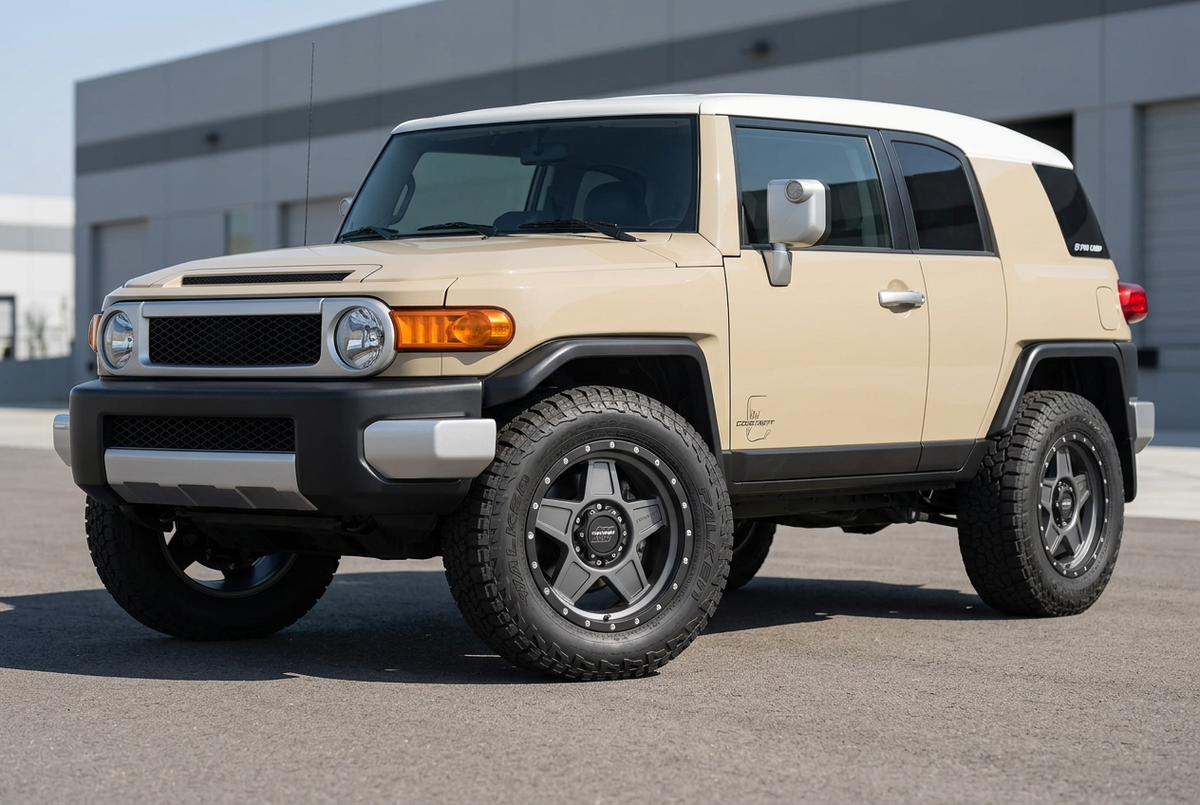 AI styling visualization of two-tone Pro Comp Predator wheels on Toyota FJ Cruiser, not verified fitment