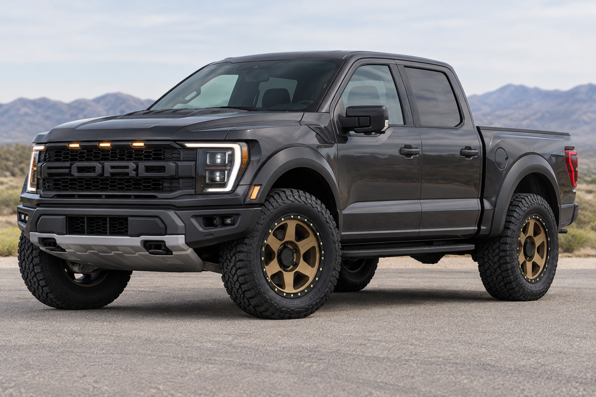 AI visualization of bronze Method MR310 wheels on a 2024 Ford F-150 Raptor, not verified fitment