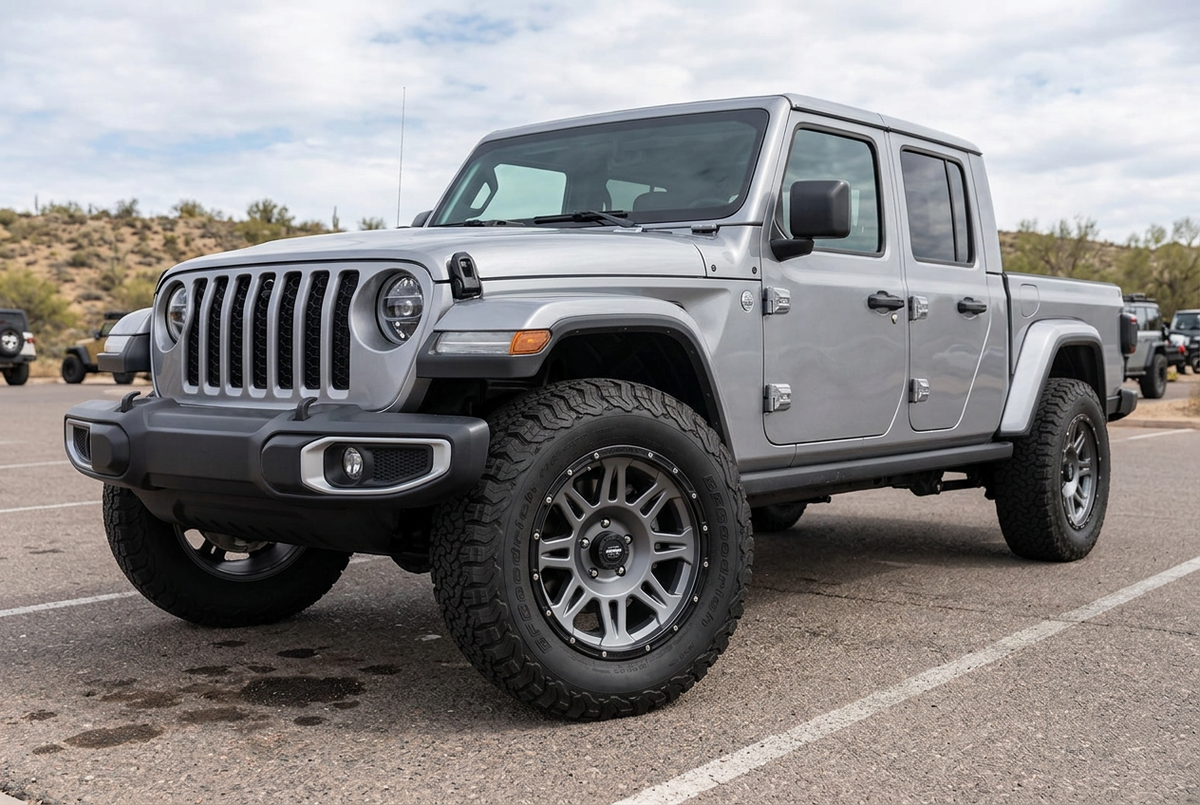 AI styling visualization of graphite Pro Comp Torq wheels on a Jeep Gladiator JT, not verified fitment