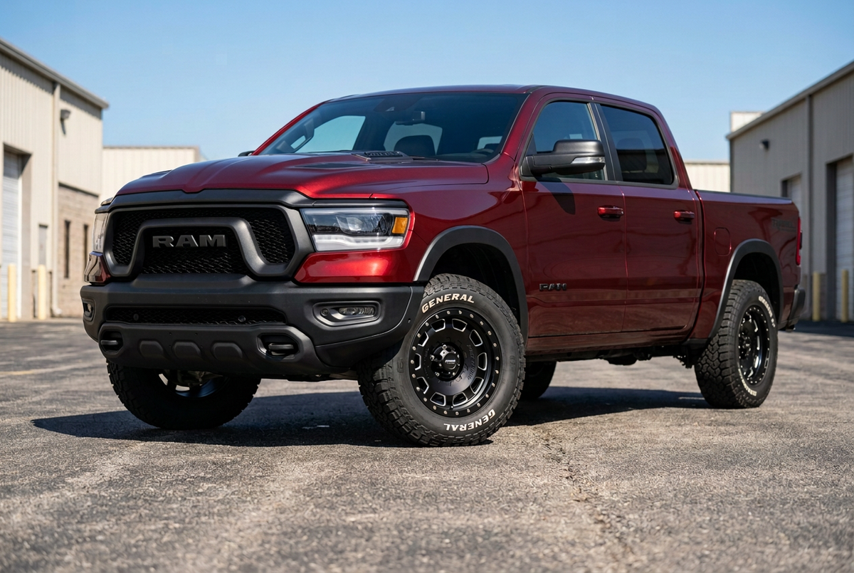 AI Ram Rebel styling preview with smaller 17-inch Pro Comp Hammer rim proportions and taller tire sidewalls, not verified fitment