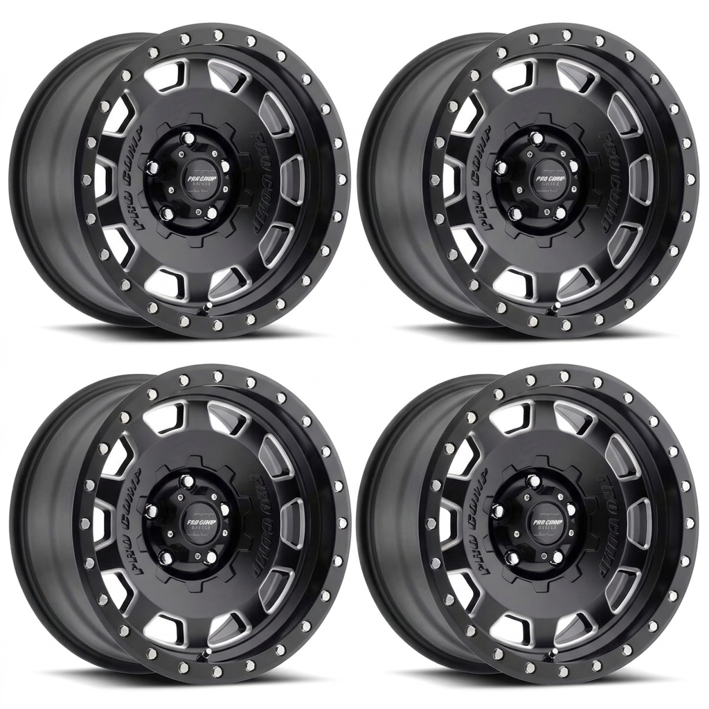 Set of four satin black milled Pro Comp Hammer Series 60 wheels