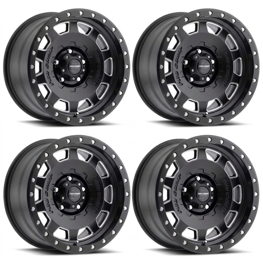 Set of four satin black milled Pro Comp Hammer Series 60 wheels