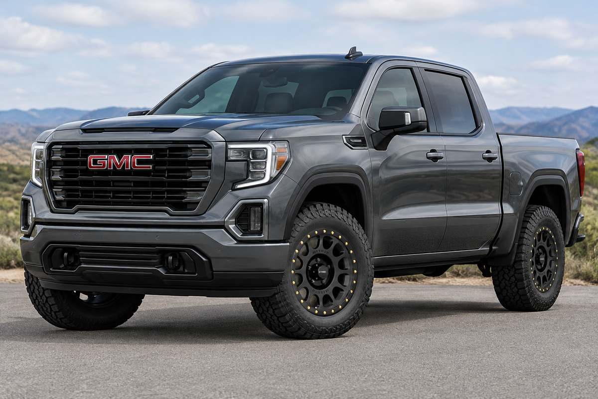 AI styling visualization of Method NV wheels on a GMC Sierra 1500, not verified fitment