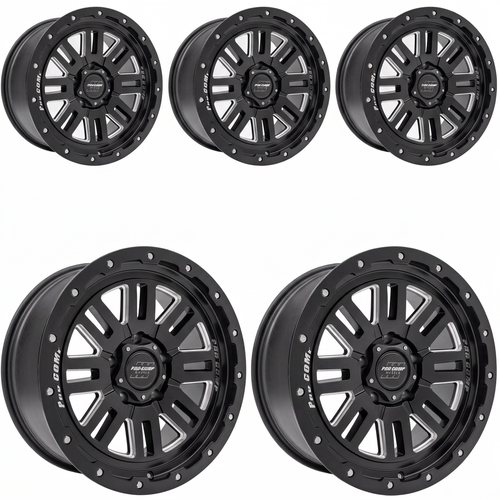 Set of five satin black milled Pro Comp Cognito Series 61 wheels