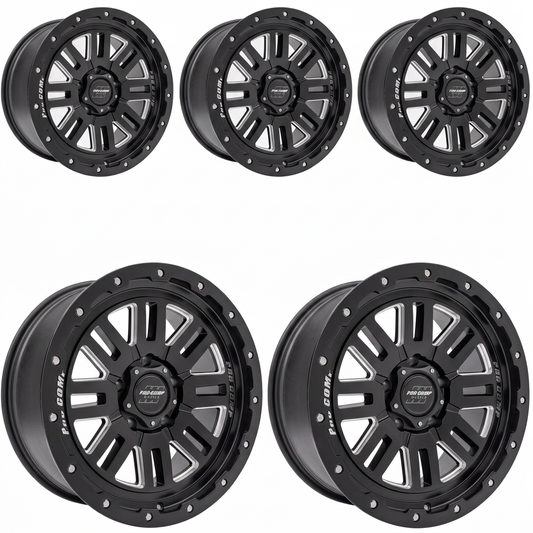 Set of five satin black milled Pro Comp Cognito Series 61 wheels