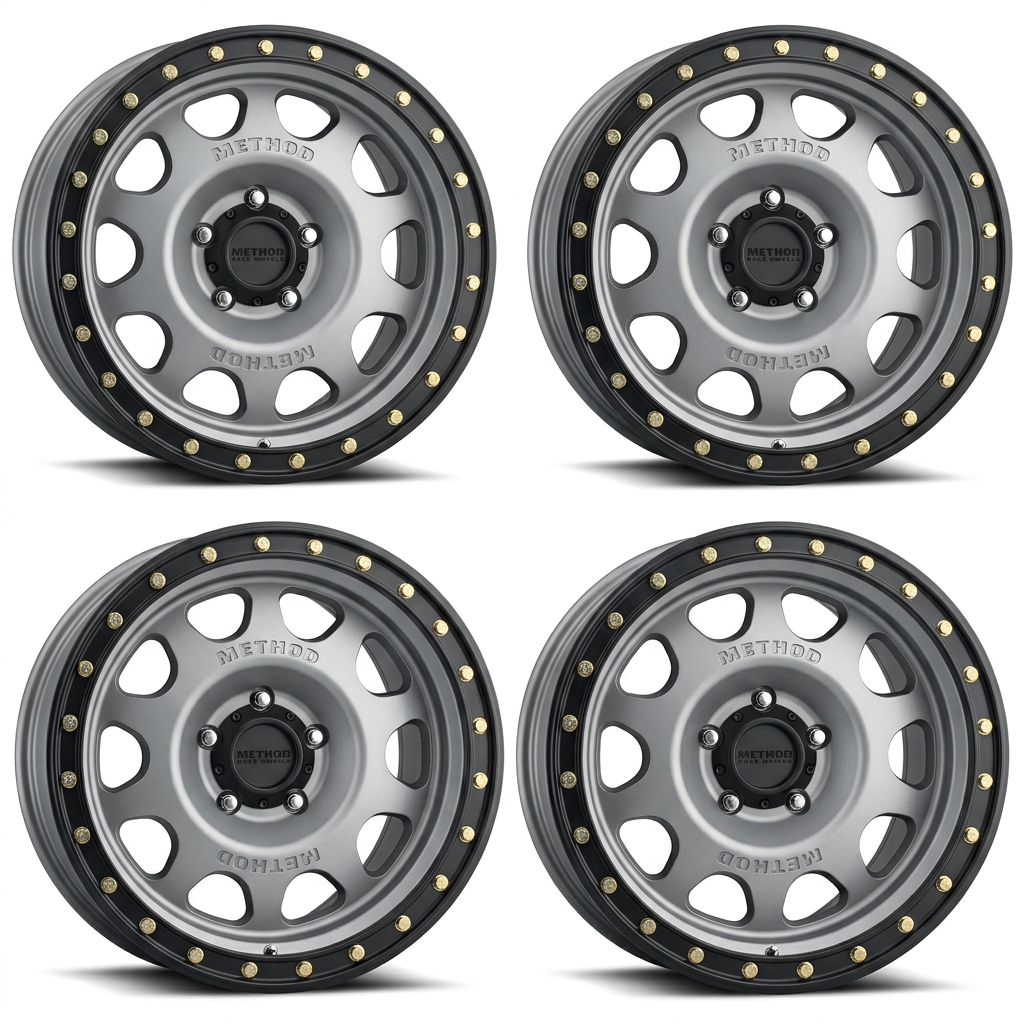 Set of five titanium Method MR311 Vex wheels with black lips, based on actual rim photo
