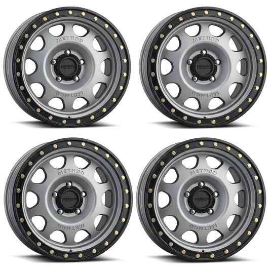 Set of five titanium Method MR311 Vex wheels with black lips, based on actual rim photo