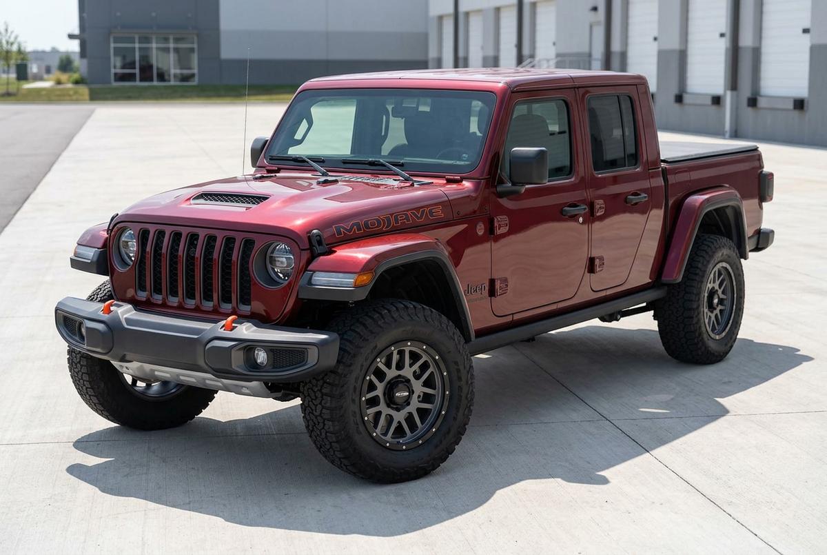 AI styling visualization of dark gray Pro Comp Series 40 wheels with black lips on a Jeep Gladiator Mojave, not verified fitment