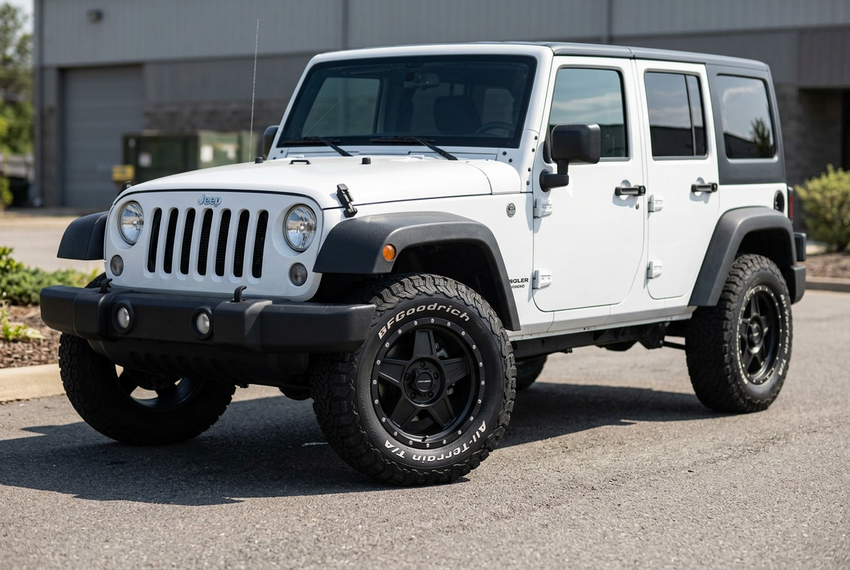 AI styling visualization of satin-black Pro Comp Predator wheels on Jeep Wrangler JK, not verified fitment