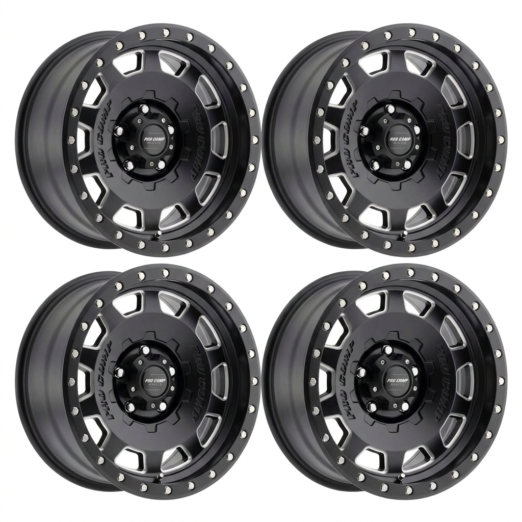 Set of four satin black milled Pro Comp Hammer wheels
