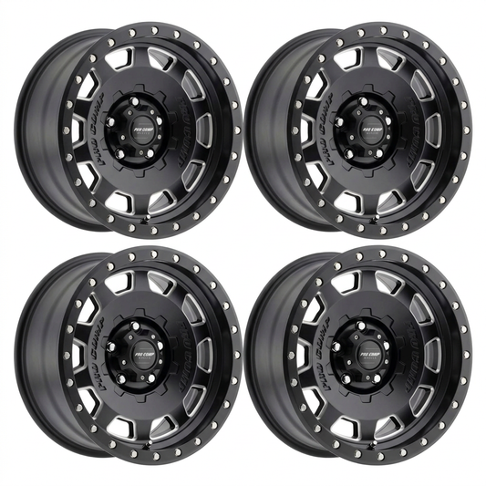 Set of four satin black milled Pro Comp Hammer wheels